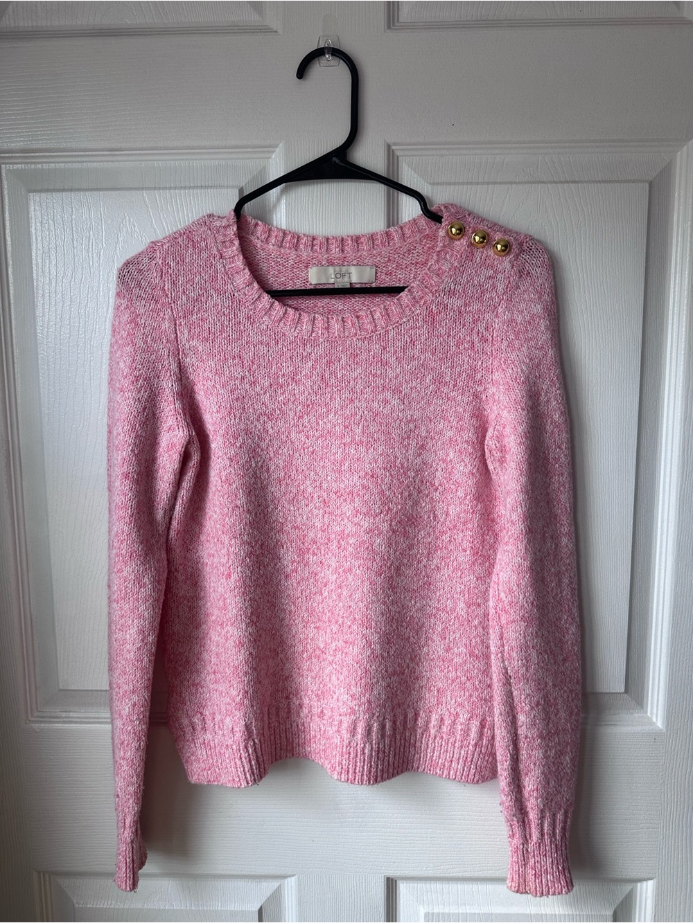 LOFT Soft Pink Knit Crew Neck Sweater Size S- Gold Buttons